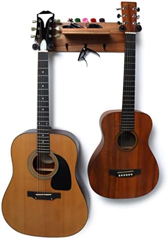 Double Guitar Hanger & Wall Shelf from Guitar Lab | 2 Rotating Rubber Hooks | Storage Shelf, Hooks & Pick Holder| Perfect for Electric/Bass/Acoustic/Ukelele Guitars | Christmas Gift