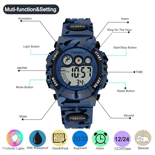 Image of Kids Watch Digital for Boys-Waterproof Kids Sports Watch with Light, Alarm&Snooze,Stopwatch Military Design Silicone Band Gift for Birthdays,Christmas Outdoor Activities(8+ Years)