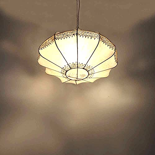 Orientalische Lampe Pendelleuchte Hängeleuchte Ovni Natur Farbe Weiß 54x27 cm Groß (DxH) Lederlampe Hennalampe Lampe… – Bild 4