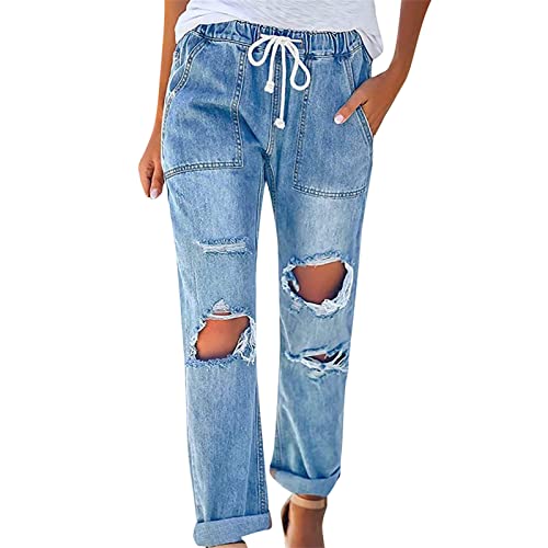 Maiyifu-GJ Women Pull On Distressed Denim Joggers Drawstring Elastic Waist Ripped Stretch Jeans Hole High Waist Stretch Pants (Blue,Medium)