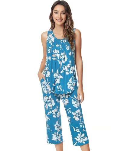Image of NACHILA Pajamas for Women-Viscose Made from Bamboo, Sleeveless Pjs Tank Top Capri Pants Pajama Sets Cooling Sleepwear