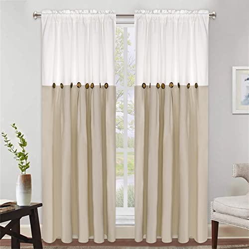 Farmhouse Boho Curtains, Rustic Country Rod Pocket Window Curtain Panels For Living Room Bedroom Decor, Cotton Blend Button Window Drapes, Set Of 2 Panels, White And Linen Color, 52 X 84 Inch Length #TOP1