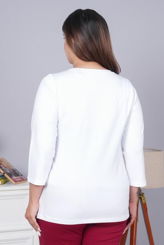 Image of Mlada V-Neck Cotton 3 /4th Sleeves Tshirt for Women | Stretchable Regualr Fit Solid Cotton Tshirts | Casual 3 /4th Sleeves Tshirts for Women Office Wear | Solid Round Neck Tshirt