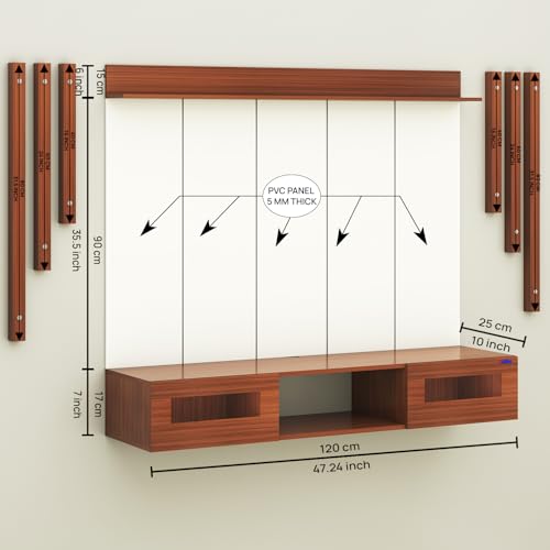 Image of Anikaa OriloPro Engineered Wood Wall Mount TV Unit with PVC Back Panel, Acrylic Blue LED Storage Box, Side Wooden Accent Spot Light Panels I Deal for Up to 50 Inch TV (Walnut - DIY Installation)