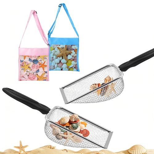 Daywhote 2 Pack Shark Tooth Sifter 3.8mm Mesh Beach Sand Sifter, Short-Handle Beach Shovel with Beach Shell Bag for Beachcombing, Shell Collecting Tool for Beach Treasures (2 Short-Shovel+2 Bags)