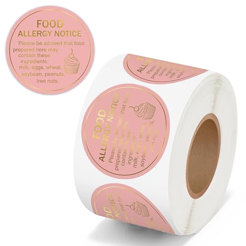 PANTIDE Food Allergy Notice Stickers - 500 Count Allergen Warning Label Gold Foil Adhesive Round Decal Roll, Food Alert Safety for Restaurant Home Kitchen Bakery Cake Shop (2 x 2 Inch, Pink)