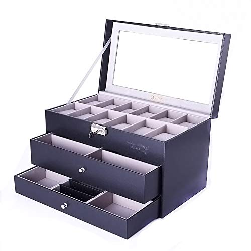 Styleys 12 Slots Watch Box with 6 Glasses and 6 Jewelry Drawer Slot – Black (W145)