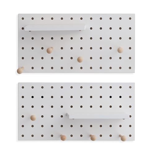 Image of Wooden Pegboard Accessories Set: Modular Wall Hooks & Shelf for Garage, Office & Home Organization(White Colored Finish-B)