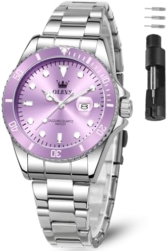 OLEVS Damen Armbanduhr Analog Quarz Wasserdicht Klassische Damenuhr Sliber Edelstahlarmband mit Datum Diamant Schlankes Design Geeignet für schmale Handgelenke