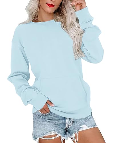 PLOKNRD Womens Sweatshirts Crew Neck Ladies Jumpers Long-Sleeve Casual Tops with Pockets(Mint Blue,S)