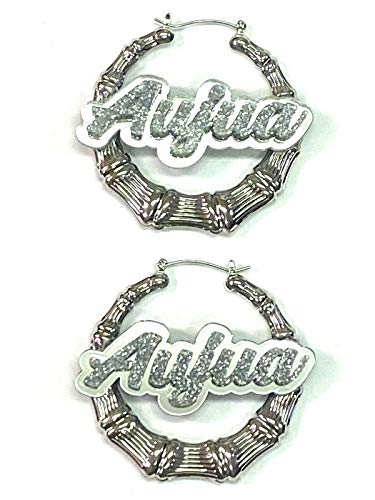 Silver Bamboo Hoop Earrings Personalized Custom Stylish 2.5 Inch Size Name Plate Laser Cut Diamond Look Script Cursive Letters Design Stunning Look - Quality, Attractive Gold Bamboo Earrings, Made To Order - Any Name2