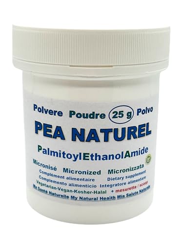 POUDRE 25 g PEA Naturel Palmitoyléthanolamide micronisé de qualité supérieure (= 62 capsules de 400 mg - dosage pour 3 semaines) + mesurette. Également disponible en 100 g
