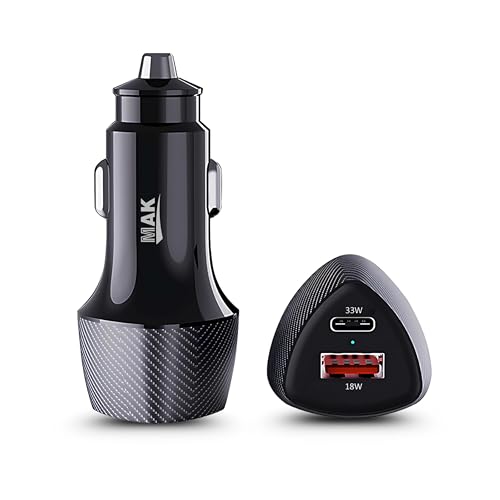 MAK Dual Port 51W Car Charger with 33W USB-C PD & 18W QC 3.0 Fast Charging, Compact Car Mobile Charger for iPhone, Android & Tablets (Black).