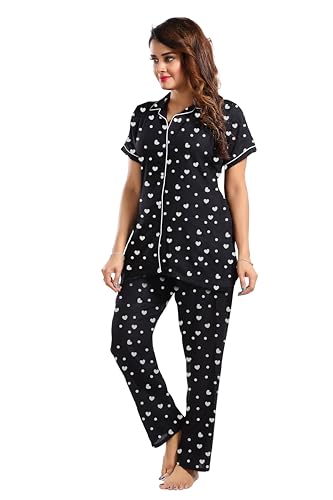 Image of YAZIA Women's Cotton Heart /Box /Zigzag Printed Night Suit Set of Shirt and Pyjama H P BLK
