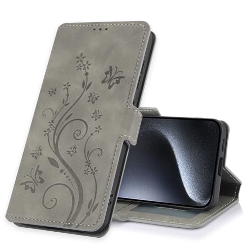 Étui portefeuille iPhone 15 gris anti-rayure écran avec fermoir magnétique