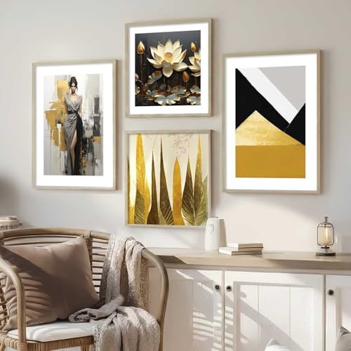 Image of kotart Premium Paintings with Frame for Home Decoration - Modern Art Black and Golden Painting for Living Room Bedroom Office Wall Decoration - Pack of 4 (Art 3, Big (13x17 or 13x13 inch))