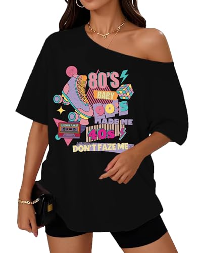 Cutesong 80s Shirt for Women 1980s Retro Off The Shoulder Top Vintage 80s Disco Theme Party Outfit Black