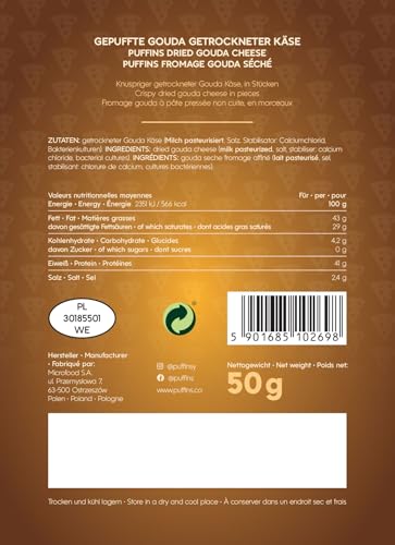PUFFINS - Knuspriger Käse Keto Snack - Goudakäse - 100% Käse - Ohne Zucker, Kohlenhydrate - Protein Snack - Glutenfrei, Viel Eiweiß - 4x50g