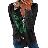 YMING Ladies Half Zip Clover Jumper Long Sleeve Loose Fit Pullover Funny St. Patricks Day Shamrock Sweatshirt Clover Black L