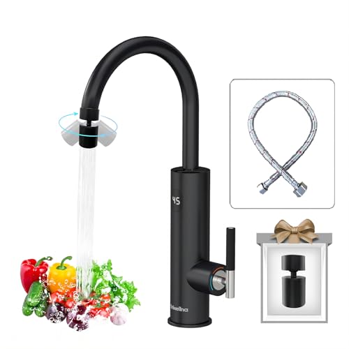 Briwellna Torneira elétrica de 220 V com aquecedor de água giratório de 360 graus e ecrã digital, torneira de água quente com universal (preto)