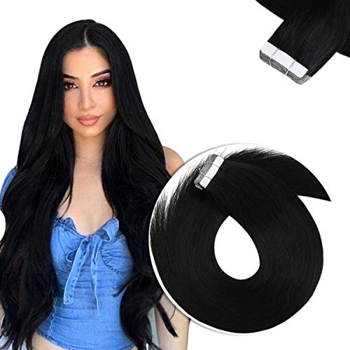 Sunny Virgin Tape in Hair Extensions Human Hair Black 18inch 20pcs/40g Skin Weft #1 Black Double Sided Tape in Extensions Human Hair