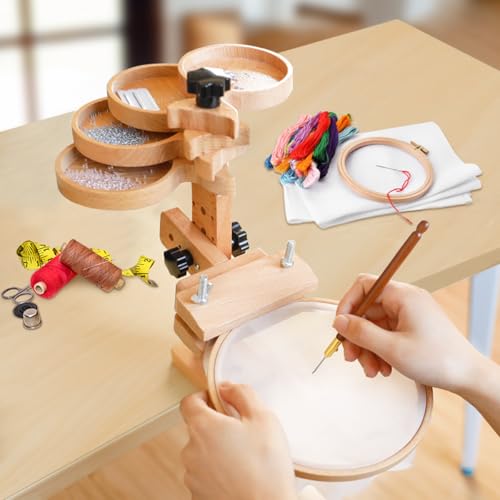 Image of Embroidery Hoop Stand with Built-in Storage Tray - Adjustable Cross Stitch Stand, Embroidery Hoop Holder with Beech Wood Frame, Sturdy Lap Stand for DIY Craft Projects and Art Display