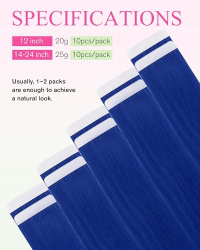 Image of YoungSee Human Hair Tape in Extensions Blue Invisible Tape in Hair Extensions Human Hair Blue Seamless Blend Tape Hair Extensions Colored 18 Inch 10pcs 25g for Cosplay