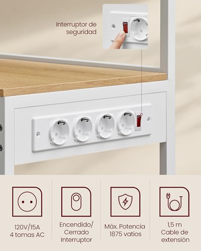 Miniatura 5 de Vasagle Estantería De Cocina Con Enchufes, Estantería De Panadería, Barra De Café, 8 Ganchos En S, Cesta, Especiero, 40 X 90 X 165,5 Cm, Roble Dorado Y Blanco Nube Kks031y19