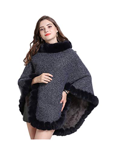 LVCOMEFF Women Woolen Knitting Poncho Wrap Shawl with Fur Lined with Faux Rabbit Fur Trimming
