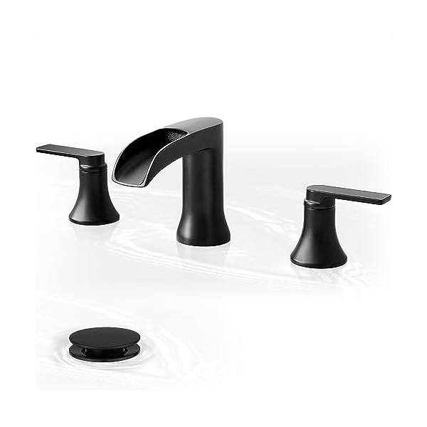   Waterfall-Bathroom-Sink-Faucet-Brass-Black-Bathroom-Faucet-4-8-Inch-2-Handles-Widespread-Bathroom-Faucets-for-Sink-3-Hole-Vanity-Lavatory-Farmhouse-RV-with-Pop-Up-Drain-and-Supply-Hose