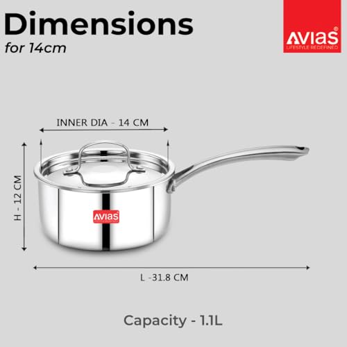 Image of Avias Riara Triply Saucepan with Lid | 5 Years Warranty | 14cm Stainless Steel Sauce Pan, Triply Tea Pan, Steel Casted Handles, 2.5 Mm Thickness, Induction Base Sauce Pan, 1.10 Litre, 14cm