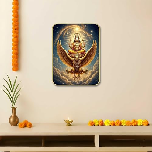 Image of SAF Lord Vishnu Garuda Wall Art with Table Top Stand & Wall Hanging Hole | Garudadev Vahana MDF Religious Painting for Mandir Home Decor