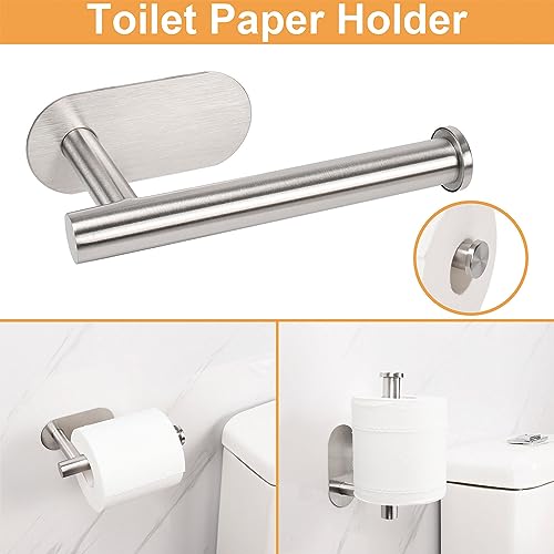 TocTen 5 Pieces Self Adhesive Towel Bar Set, Stainless Steel Bathroom Hardware Set Include Towel Rack, Toilet Paper Holder, 3 Packs Towel Hook, No Drilling Sticky Bathroom Accessory Kit(Brush Nickel)