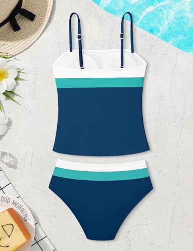 Image of NAPU Girls Swimsuits Size 10-12 Two Piece Tankini Swimsuit Color Block Bathing Suits for Girls 10-12 Blue Swimsuits for Teens Beach Swimwear