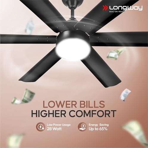 Image of LONGWAY Luminair 1200 mm BLDC Ceiling Fan with Remote Control & LED Light|BEE 5 Star Rated Energy Efficient|Ultra High Speed 6 Blade Anti-Dust Decorative|5 Years Warranty (Smoked Brown, Pack of 1)