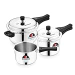 Bergner Sorrento Stainless Steel Outer Lid Pressure Cooker Combo – 5 Liters Cooker, 2 Litres and 3 Litres Cooker with a Common Lid, Heavy Bottom, Healthy Cooking – Induction and Gas Stove Ready