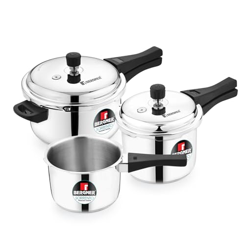 Bergner Sorrento Stainless Steel Outer Lid Pressure Cooker Combo - 5 Liters Cooker, 2 Litres and 3 Litres Cooker with a Common Lid, Heavy Bottom, Heal