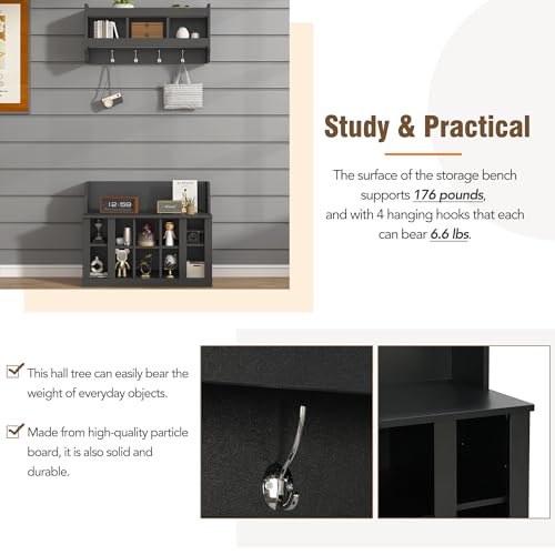 Image of Shoe Storage Bench with Shelves and 4 Hooks, Entryway Hall Tree with Shoe Cabinets with Coat Rack
