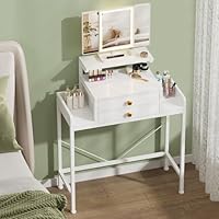 HIGDBFE Vanity Desk with Mirror and Lights, 28.4''W Small Makeup Vanity Table with Height-Adjustable Stand, 2 Fabric Drawers Compact Makeup Desk, Gift for Girls, Bedroom Small Space, White