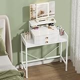 HIGDBFE Vanity Desk with Mirror and Lights, 28.4''W Small Makeup Vanity Table with Height-Adjustable Stand, 2 Fabric Drawers Compact Makeup Desk, Gift for Girls, Bedroom Small Space, White