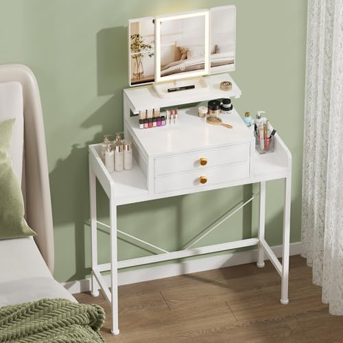 HIGDBFE Vanity Desk with Mirror and Lights, 28.4''W Small Makeup Vanity Table with Height-Adjustable...