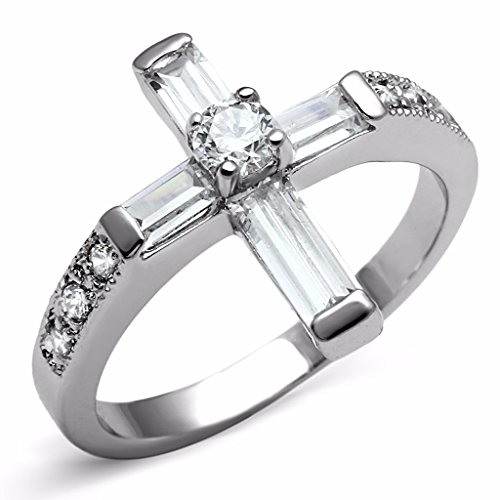 Lanyjewelry Clear CZ Set in 316 Stainless Steel Non Tarnish Christian Cross Ring - Size 10