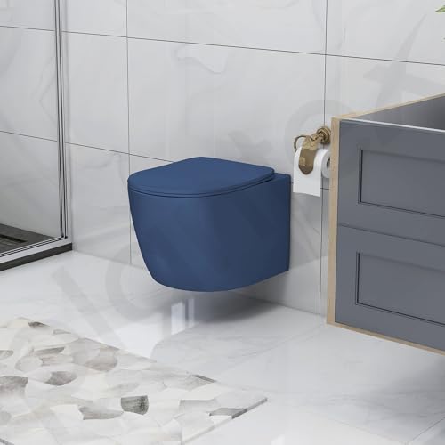 Image of Plantex Imported Ceramic Wall Hung Commode /Rimless Washdown Western Toilet /Commode with Soft Close Toilet Seat - P Trap (Round- Dark Blue)