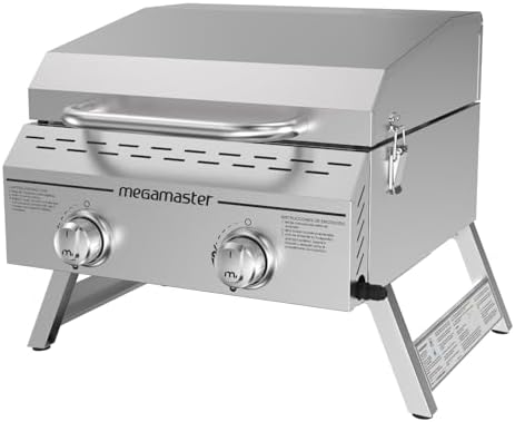 Megamaster 2-Burner Stainless Steel Portable Gas Grill with Built-In Lid, 16,000 BTUs, Foldable Legs, Small Propane Grill for Outdoor Cooking, Camping, Tailgating, Patios, and More - 820-0033M