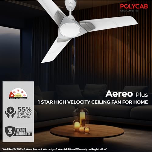 Image of Polycab Aereo Plus Star Rated, 1200mm Ceiling Fan For Home | High Speed & Air Delivery | Saves Up To 33% Electricity, Rust-Proof Blades, 52 Watt | 3-yr Warranty (Pearl White Cloud Grey Silver)
