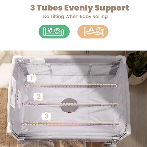 Rinnebbit Baby Bassinets Bedside Sleeper, 4 in 1 Portable Bedside Crib w/Mattress, Diaper Changer, Storage Basket, Music Box, Carry Bag, Foldable Playard Sleeper for Newborn (Light Gray) - Thumbnail 5