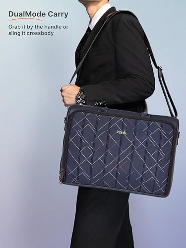 Image of ZOUK Blue Pro Laptop Bag for Men | Vegan Leather Office & Travel Bag with Quilted Design, 15.6-Inch Laptop Compartment, Trolley Sleeve & Shoulder Strap |