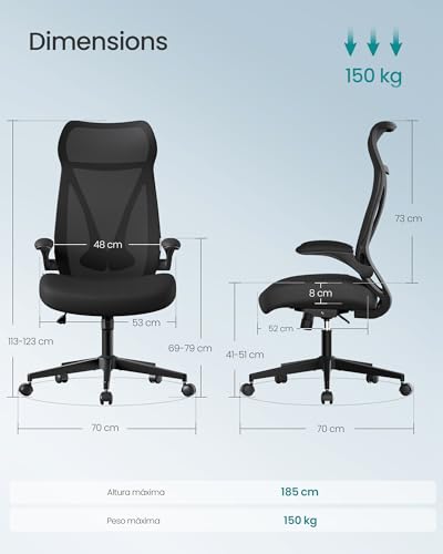SONGMICS Silla de Oficina, Silla Giratoria de Escritorio, Respaldo Ergonómico, Altura Ajustable, Reposabrazos Abatibles, con Reposacabezas, Carga de 150 kg, Negro Tinta OBN088B01