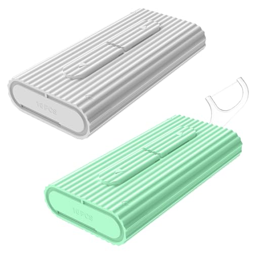 Paquete de 2 cajas portátiles de hilo dental con 10 púas de hilo dental, dispensador de hilo dental portátil, soporte portátil para limpieza de dientes y cuidado bucal en citas hoteles de viaje