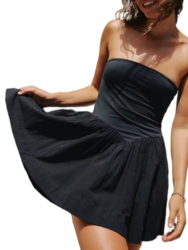 Summer Solid Strapless Mini Dress for Women Tube Top Dresses Patchwork Pleated Drop Waist Flared Beach Dress